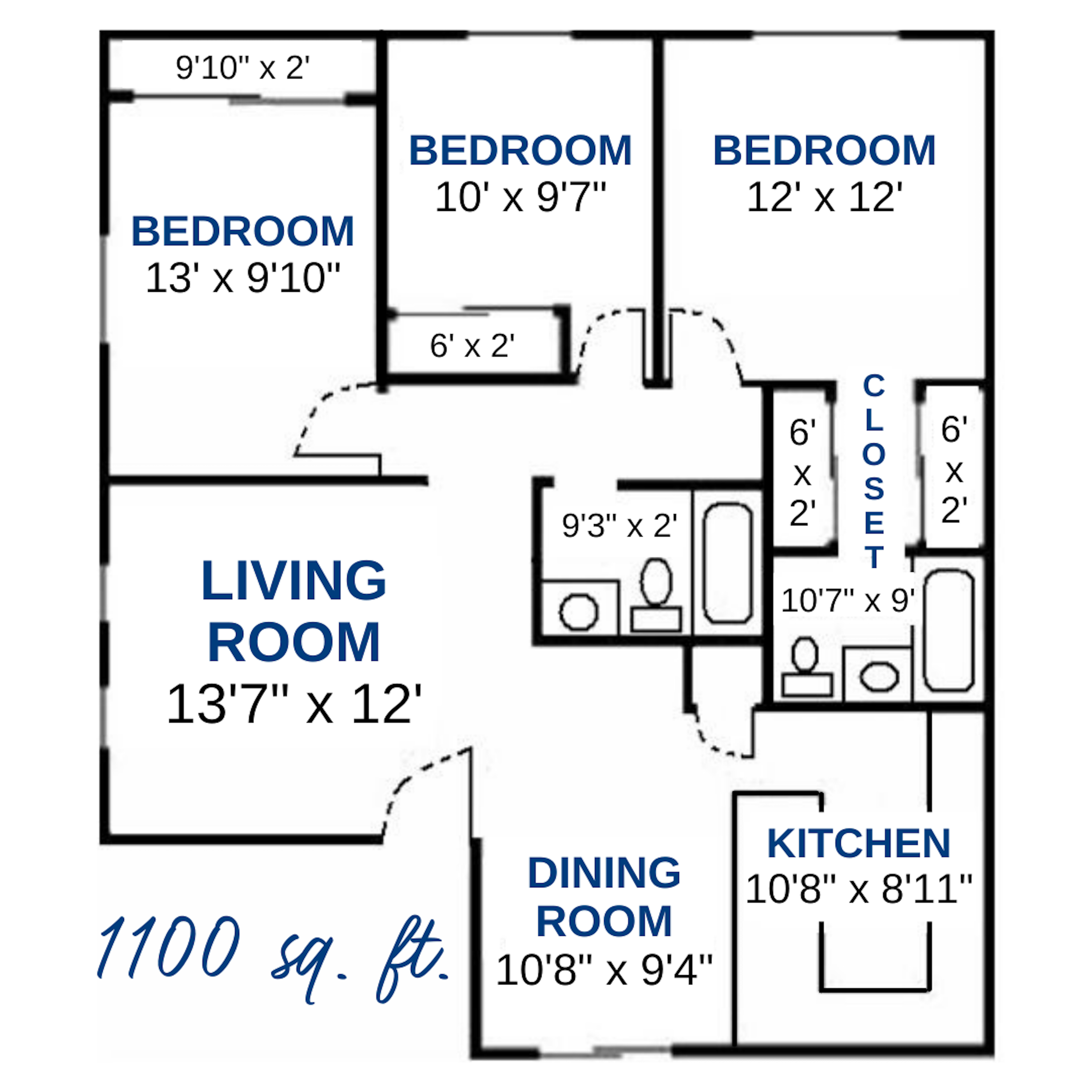 Floor plan for 3 beds, 2 baths, 1100 sqft